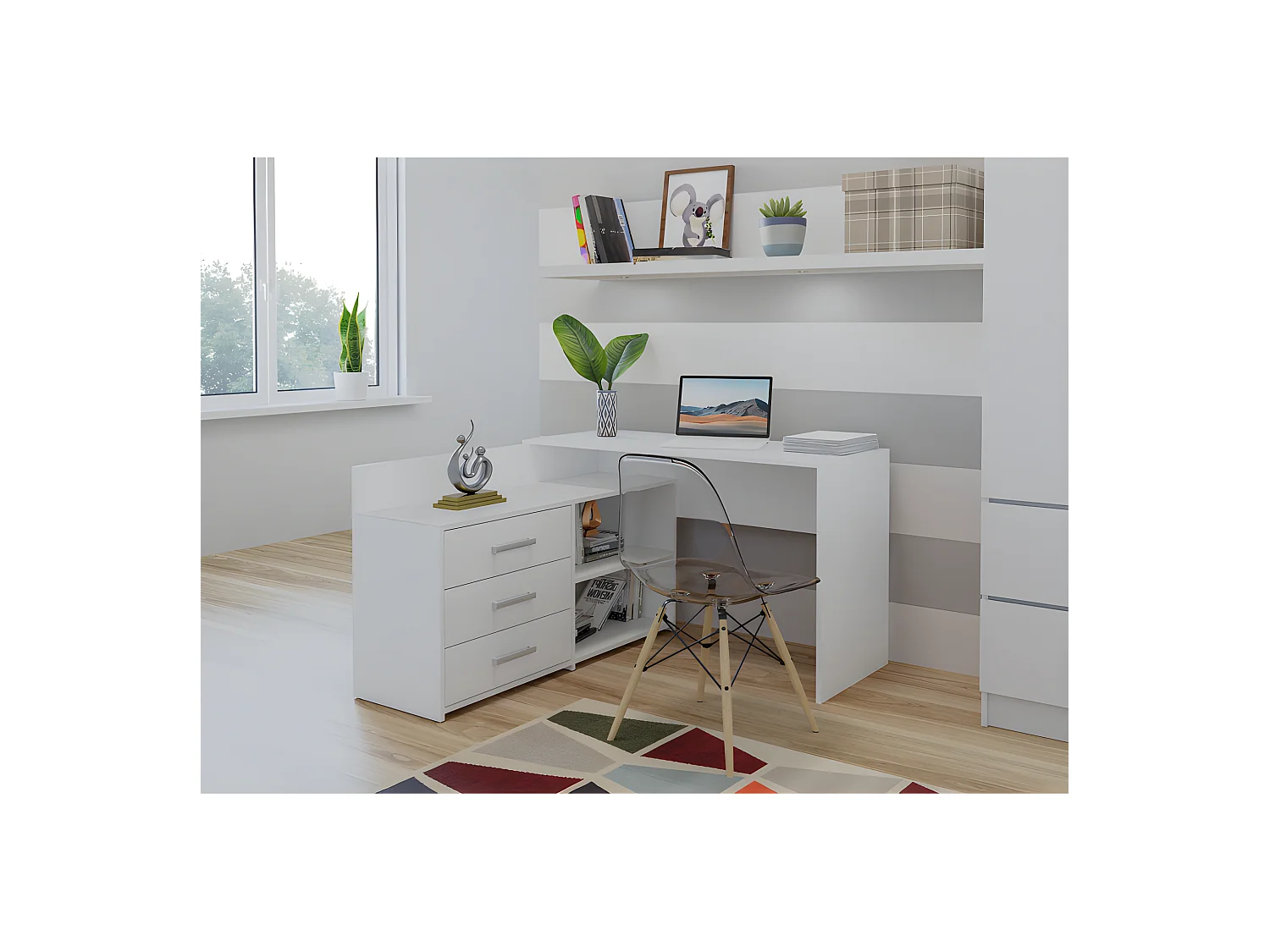 MOLINE - Scrivania angolare con contenitore - 3 cassetti + 2 ripiani - 120x50x76 cm - Scrivania per computer