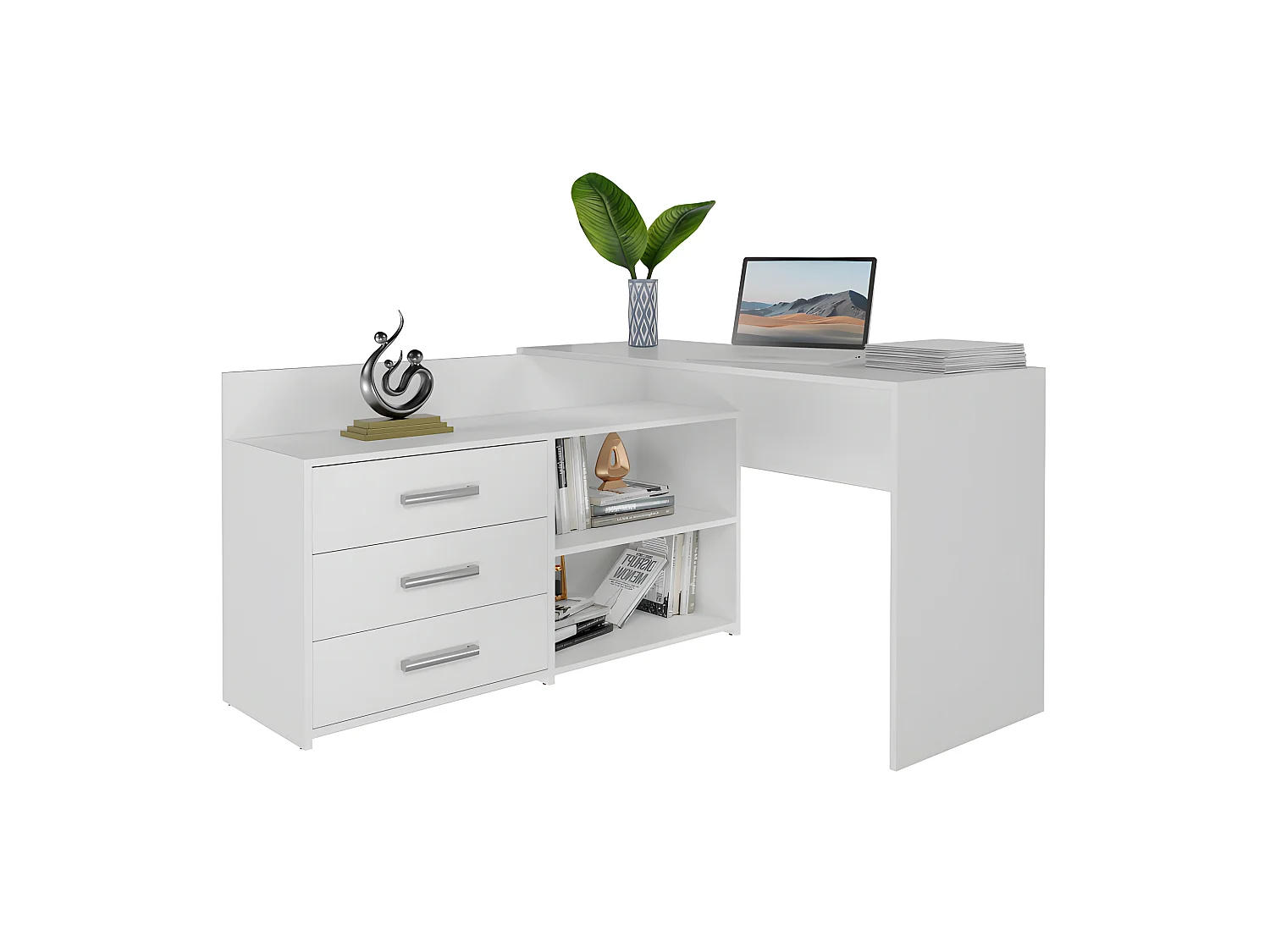 MOLINE - Bureau d'angle avec rangement - 3 tiroirs + 2 etagères - 120x50x76 cm - Bureau d'ordinateur