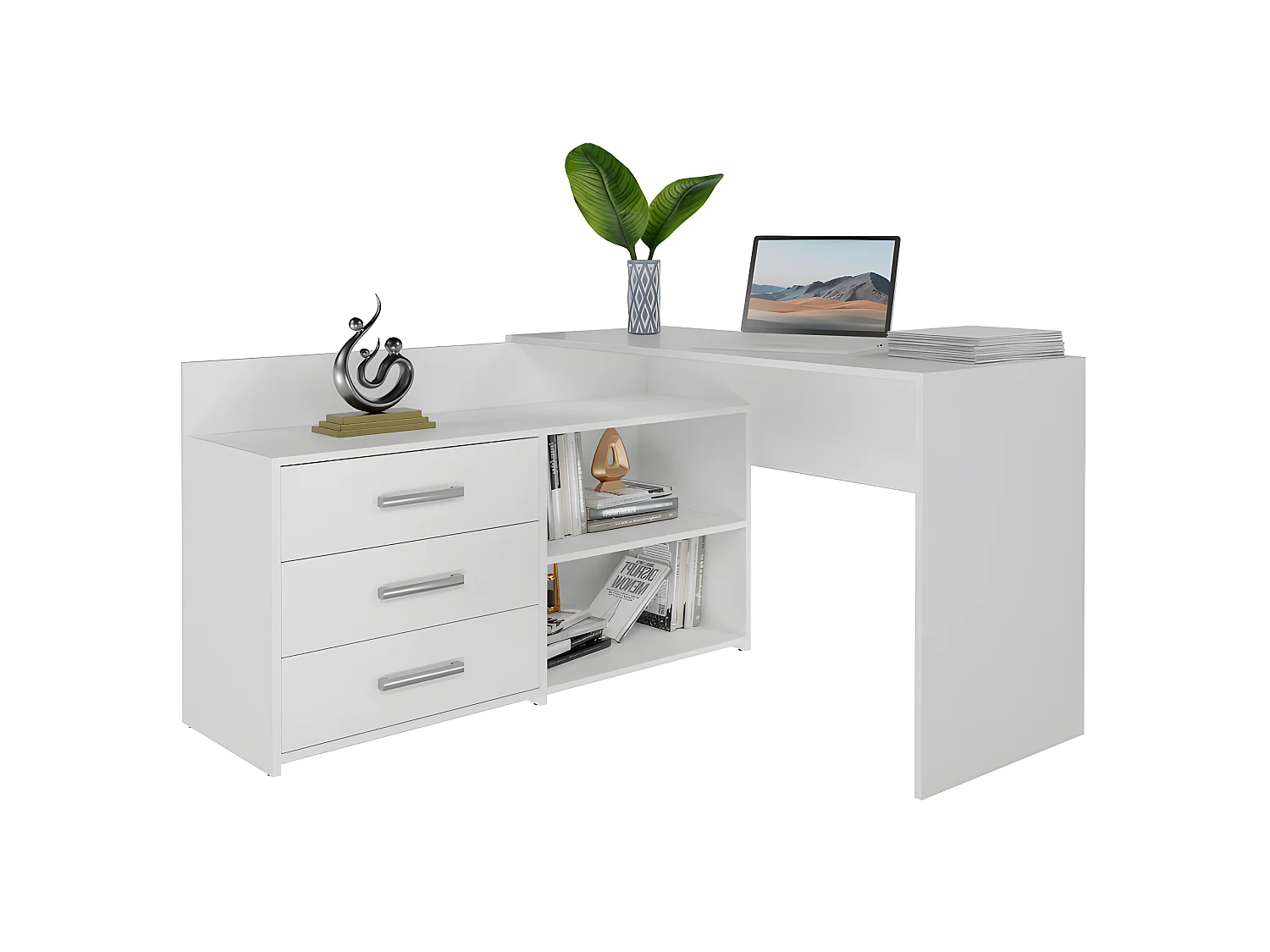 MOLINE - Escritorio esquinero con almacenaje - 3 cajones + 2 estantes - 120x50x76 cm - Escritorio para ordenador