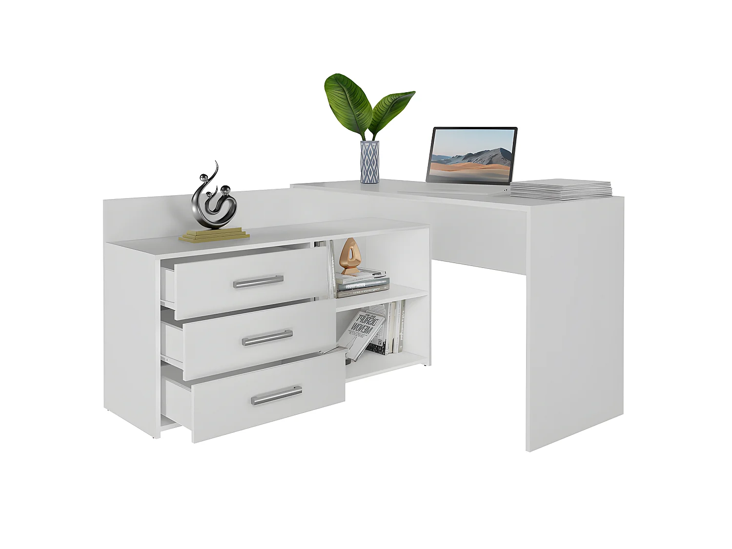 MOLINE - Escritorio esquinero con almacenaje - 3 cajones + 2 estantes - 120x50x76 cm - Escritorio para ordenador