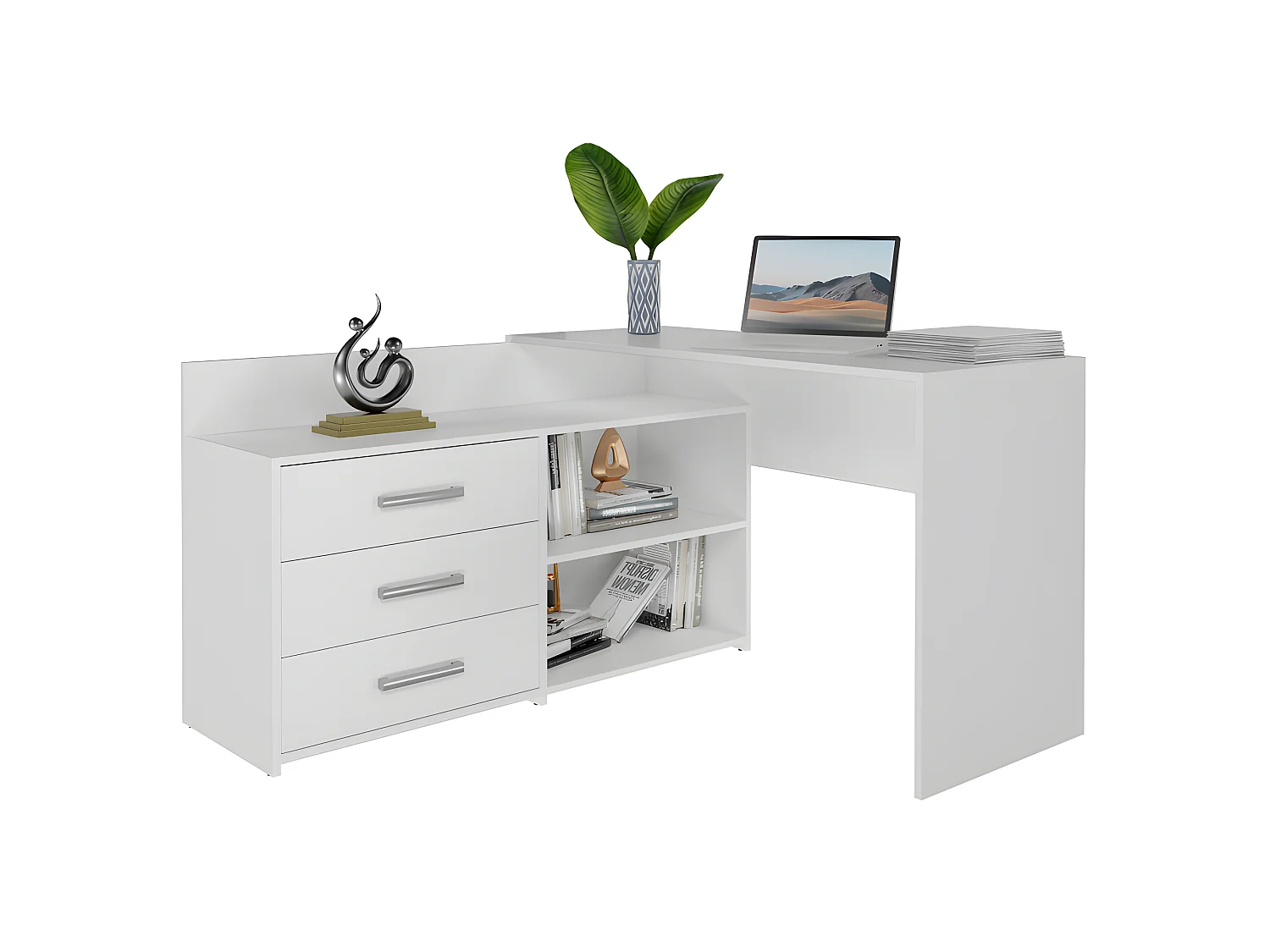 MOLINE - Scrivania angolare con contenitore - 3 cassetti + 2 ripiani - 120x50x76 cm - Scrivania per computer