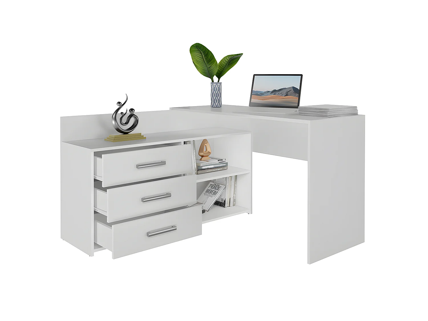 MOLINE - Scrivania angolare con contenitore - 3 cassetti + 2 ripiani - 120x50x76 cm - Scrivania per computer