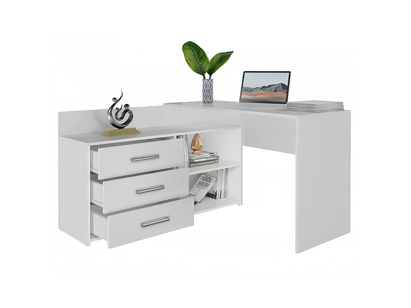 MOLINE - Bureau d'angle avec rangement - 3 tiroirs + 2 etagères - 120x50x76 cm - Bureau d'ordinateur