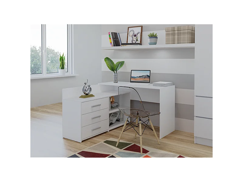 MOLINE - Bureau d'angle avec rangement - 3 tiroirs + 2 etagères - 120x50x76 cm - Bureau d'ordinateur