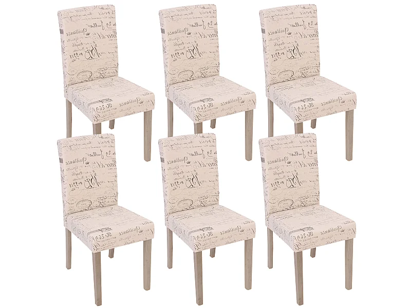 Lot de 6 chaises de salle à manger cuisine en tissu crème motif lettrage des pieds en bois clair 04_0000893