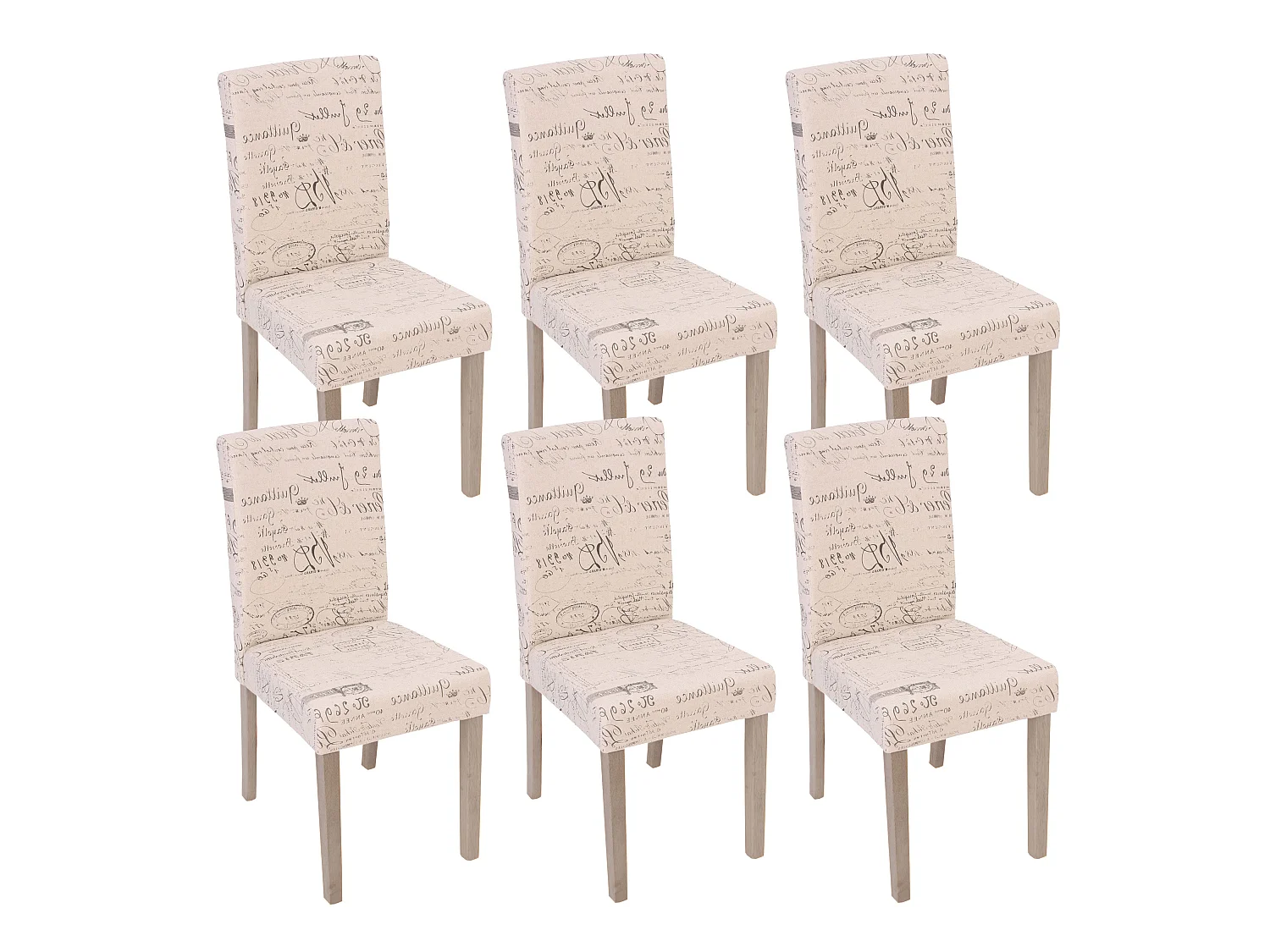 Lot de 6 chaises de salle à manger cuisine en tissu crème motif lettrage des pieds en bois clair 04_0000893