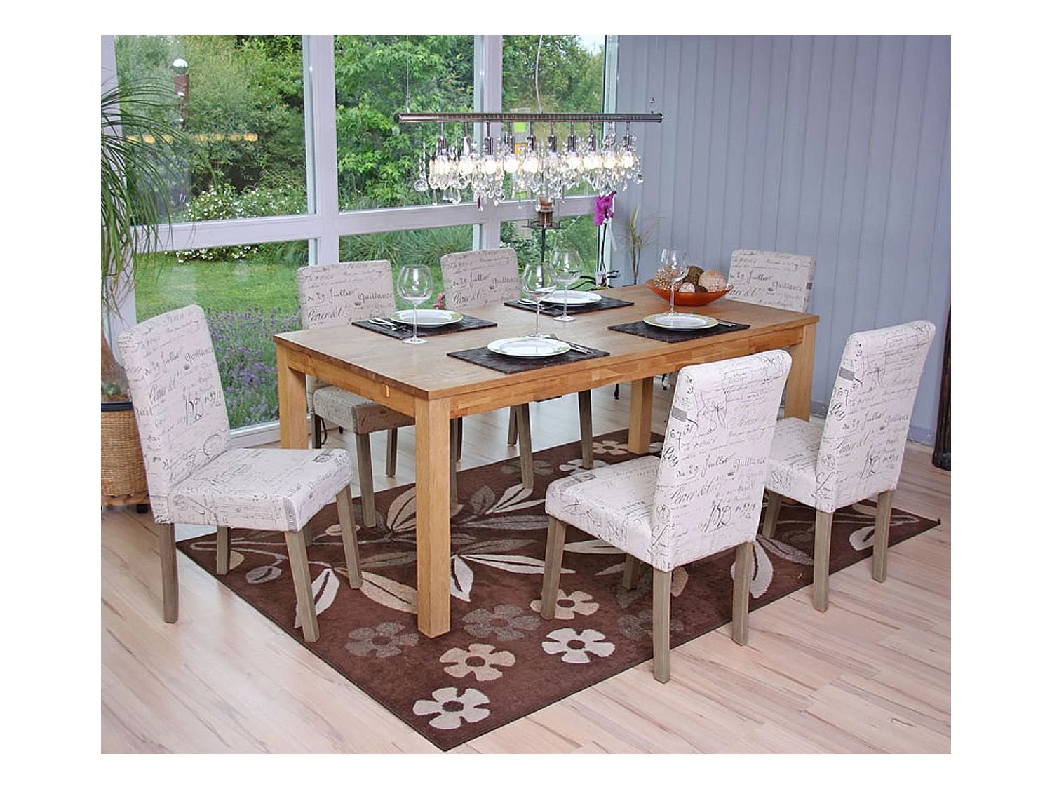 Lot de 6 chaises de salle à manger cuisine en tissu crème motif lettrage des pieds en bois clair 04_0000893