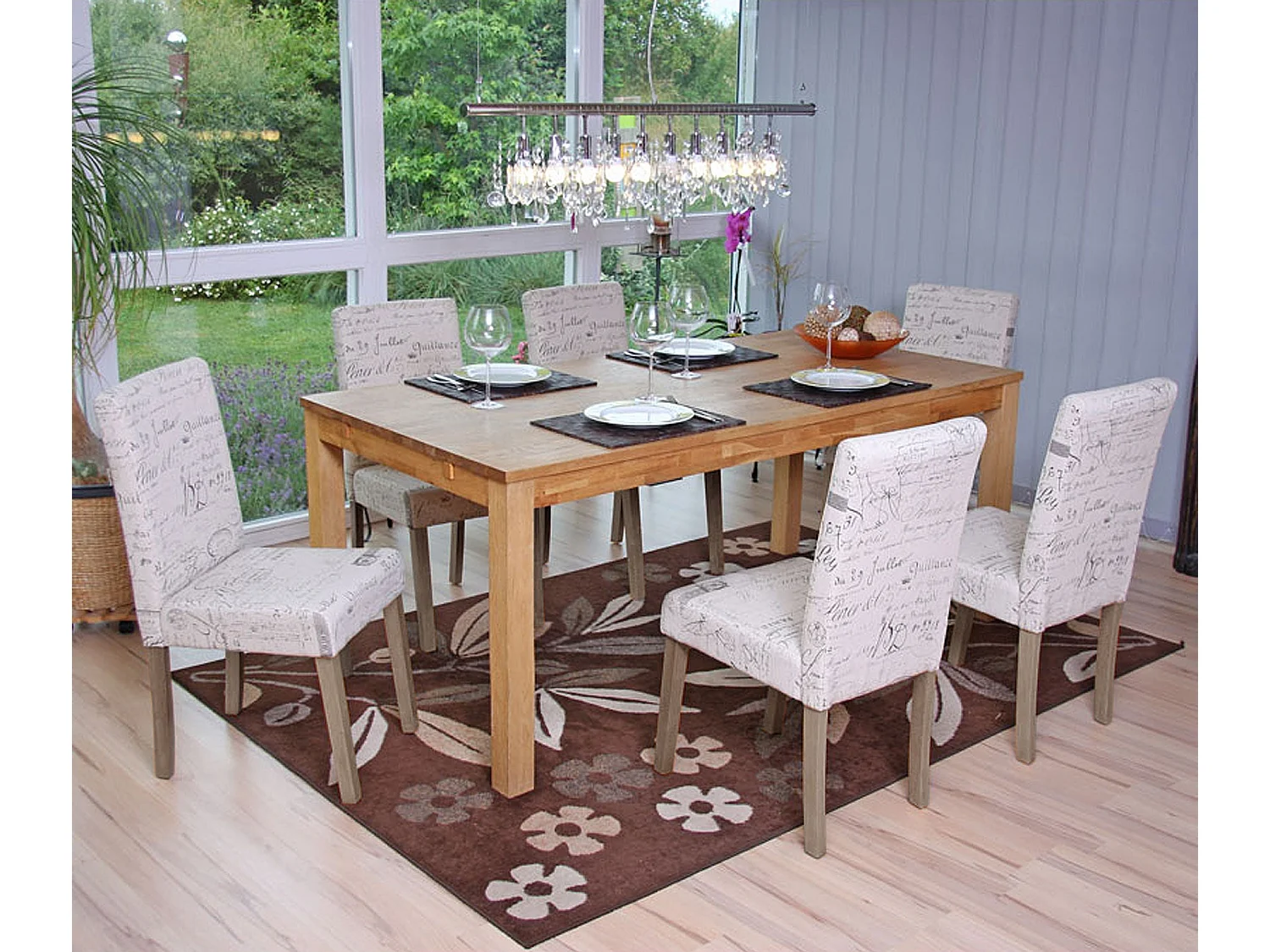 Lot de 6 chaises de salle à manger cuisine en tissu crème motif lettrage des pieds en bois clair 04_0000893