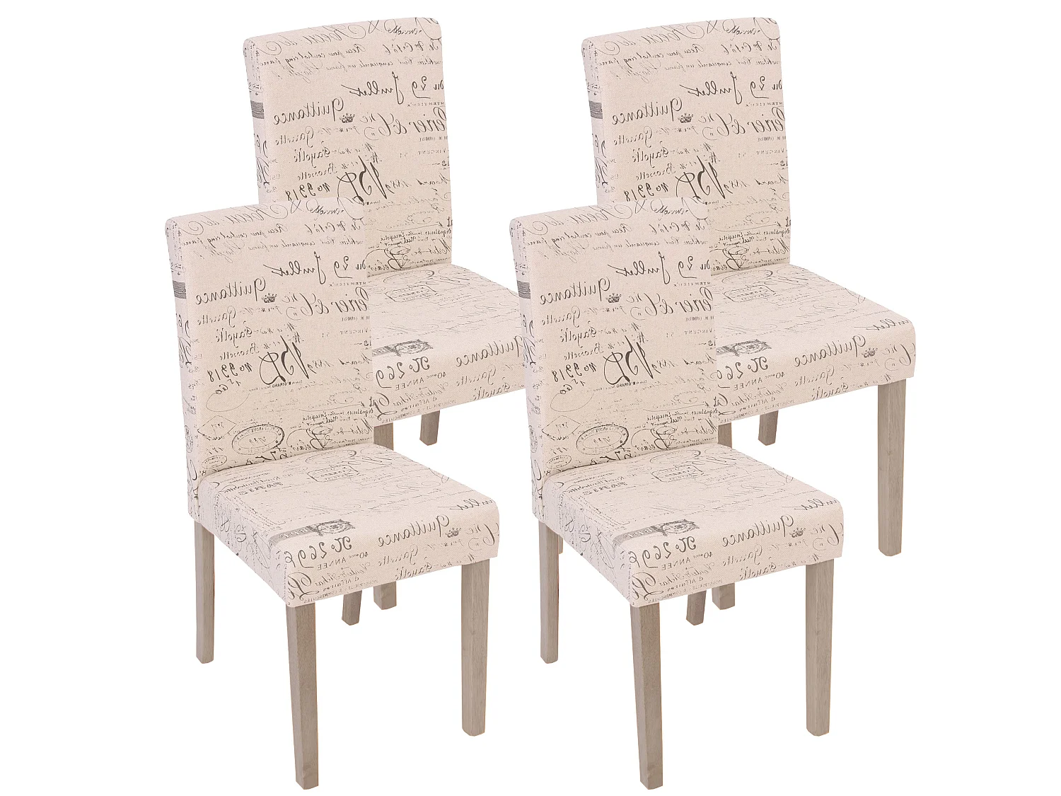 Lot de 4 chaises de salle à manger cuisine en tissu crème motif lettrage des pieds en bois clair 04_0000598