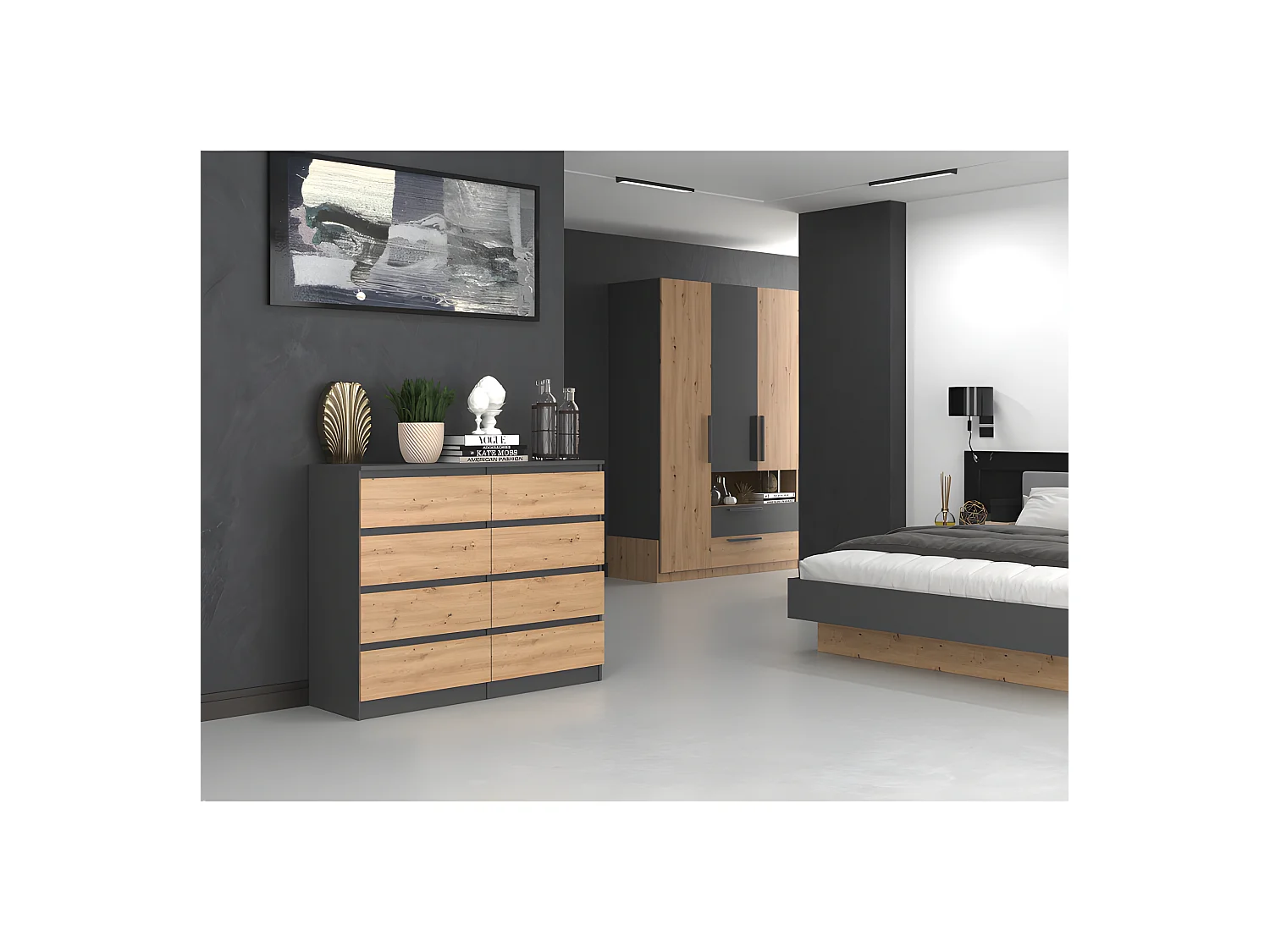 MILAN - Cómoda de dormitorio de 8 cajones - 40x120x97cm - Estilo moderno - Mueble de almacenaje