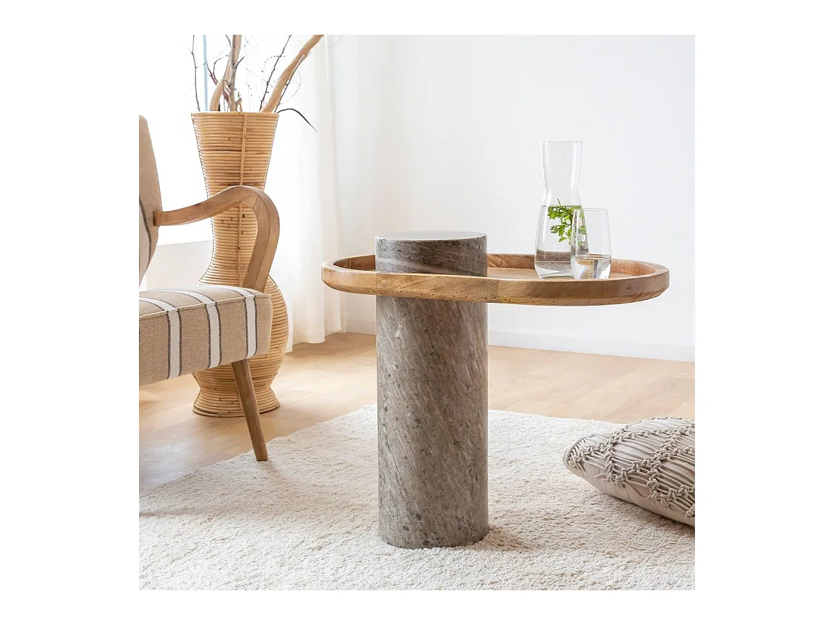 Bout de canapé en bois de manguier et marbre Andréa