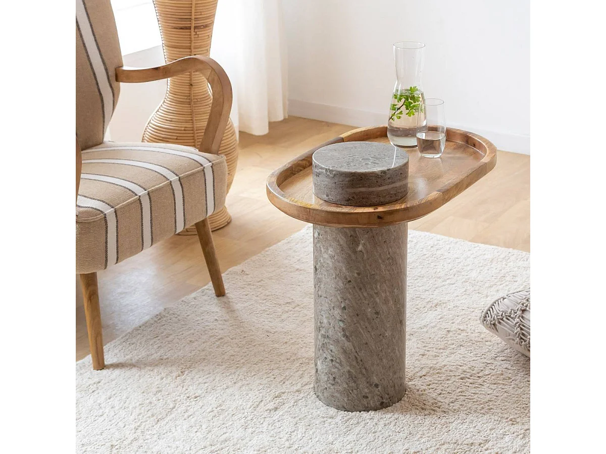 Bout de canapé en bois de manguier et marbre Andréa