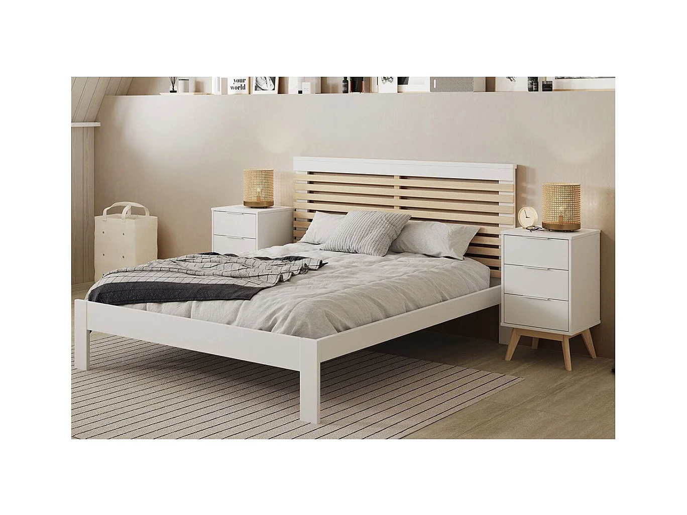 LAUPELL - Chevet Scandinave 3 Tiroirs Pin Massif Naturel et Blanc