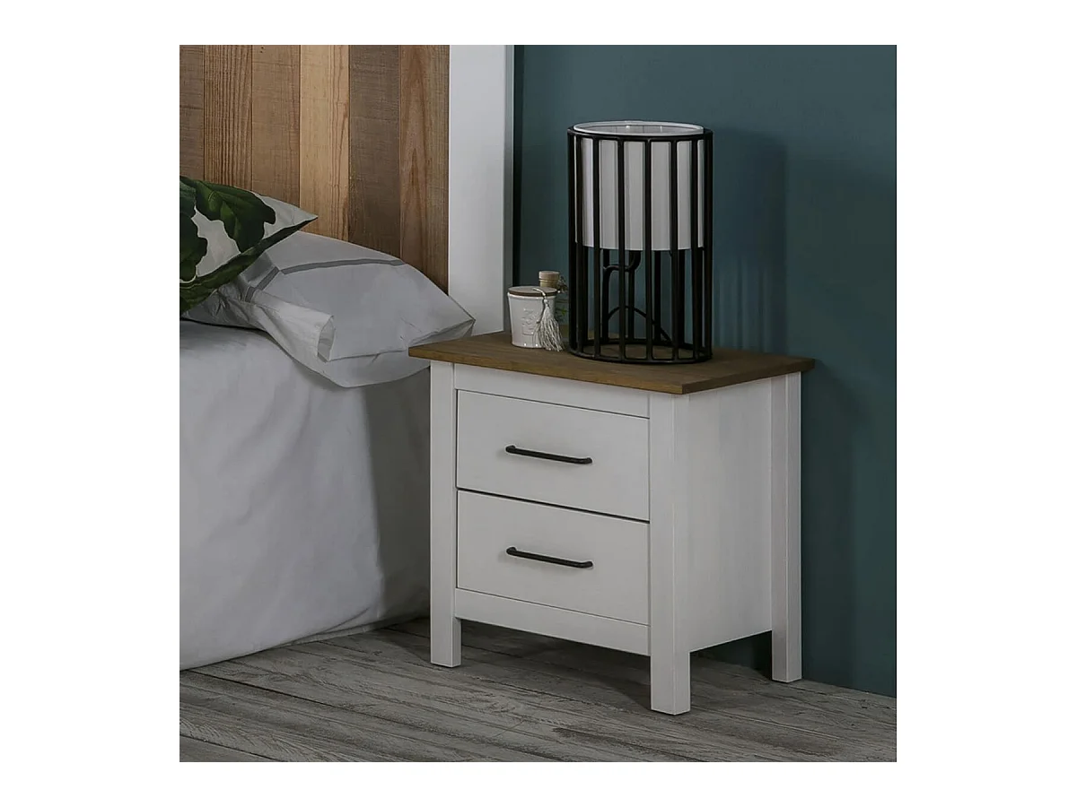 TINA - Chevet 2 Tiroirs Bois Ciré et Blanc