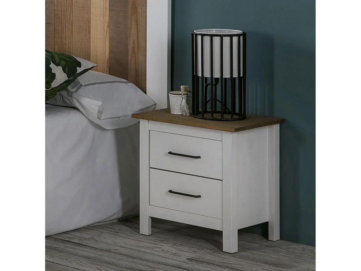 TINA - Chevet 2 Tiroirs Bois Ciré et Blanc
