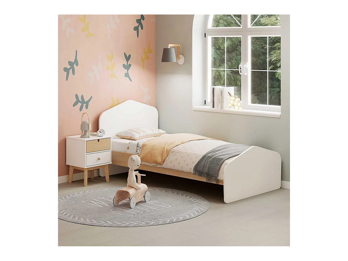 KAINA - Chevet 2 Tiroirs en MDF et Pin Coloris Blanc et Naturel