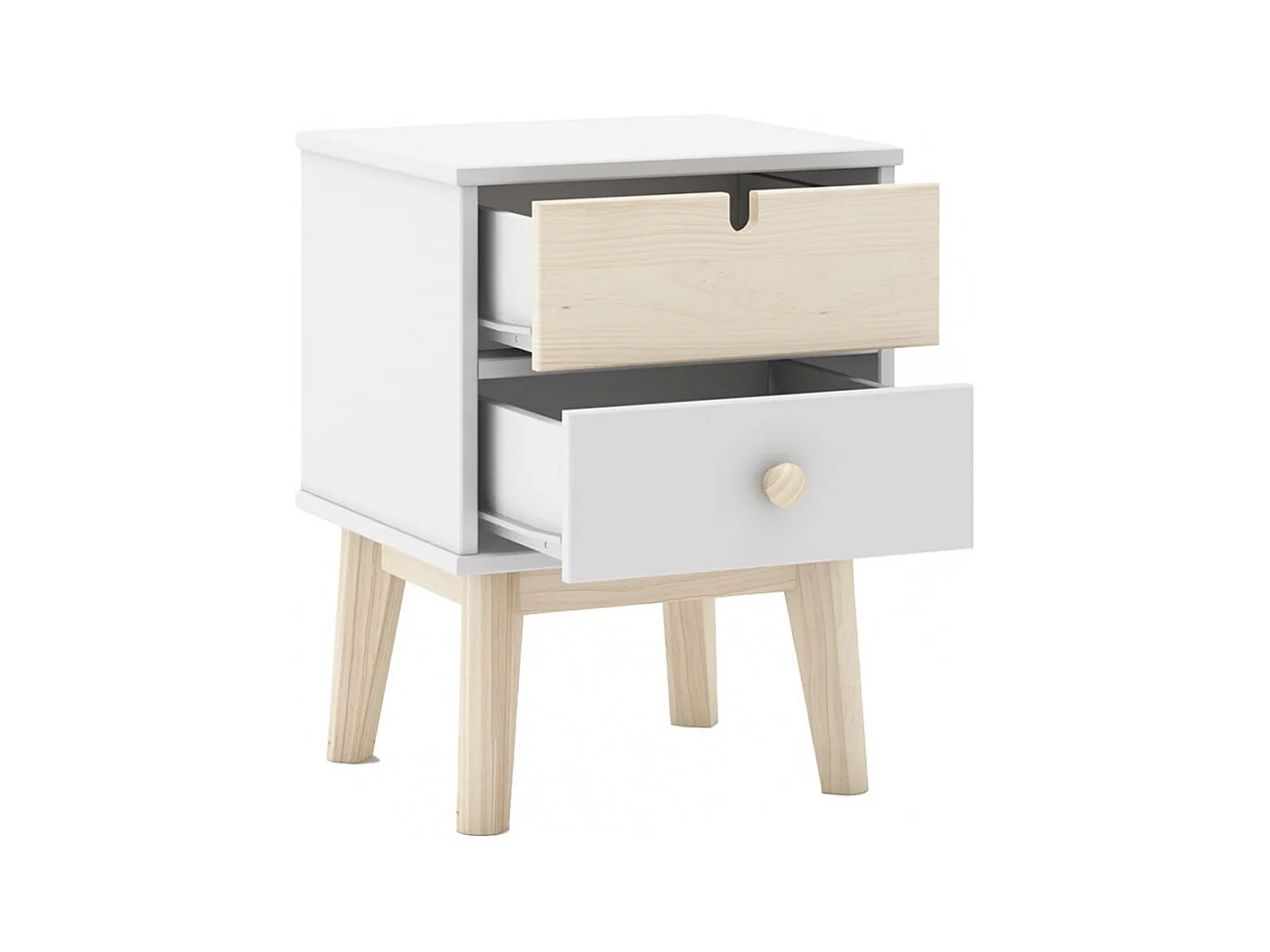 KAINA - Chevet 2 Tiroirs en MDF et Pin Coloris Blanc et Naturel