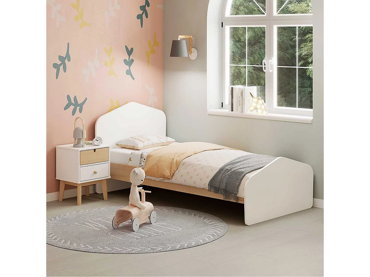 KAINA - Chevet 2 Tiroirs en MDF et Pin Coloris Blanc et Naturel