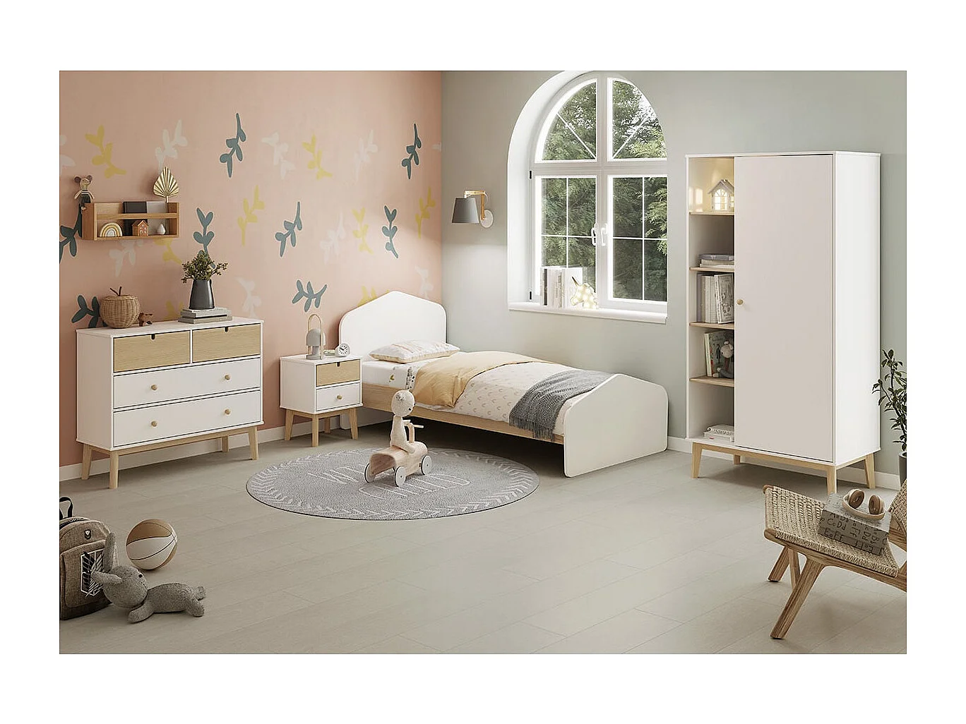 KAINA - Chevet 2 Tiroirs en MDF et Pin Coloris Blanc et Naturel