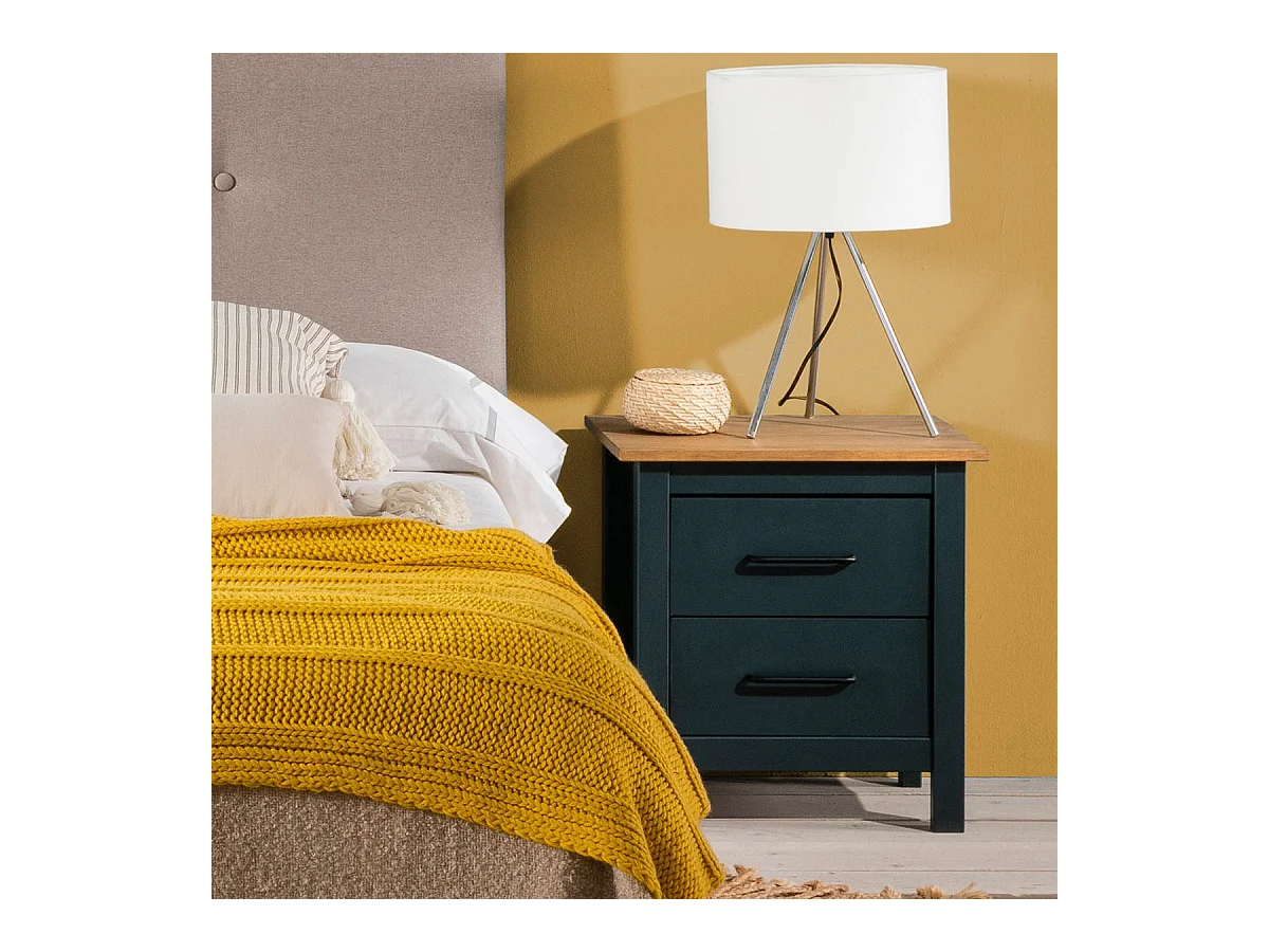 TINA - Chevet 2 Tiroirs Bois Ciré et Bleu Pétrole