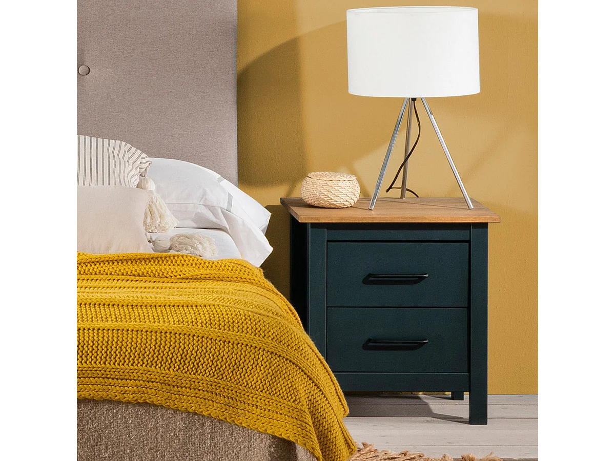 TINA - Chevet 2 Tiroirs Bois Ciré et Bleu Pétrole