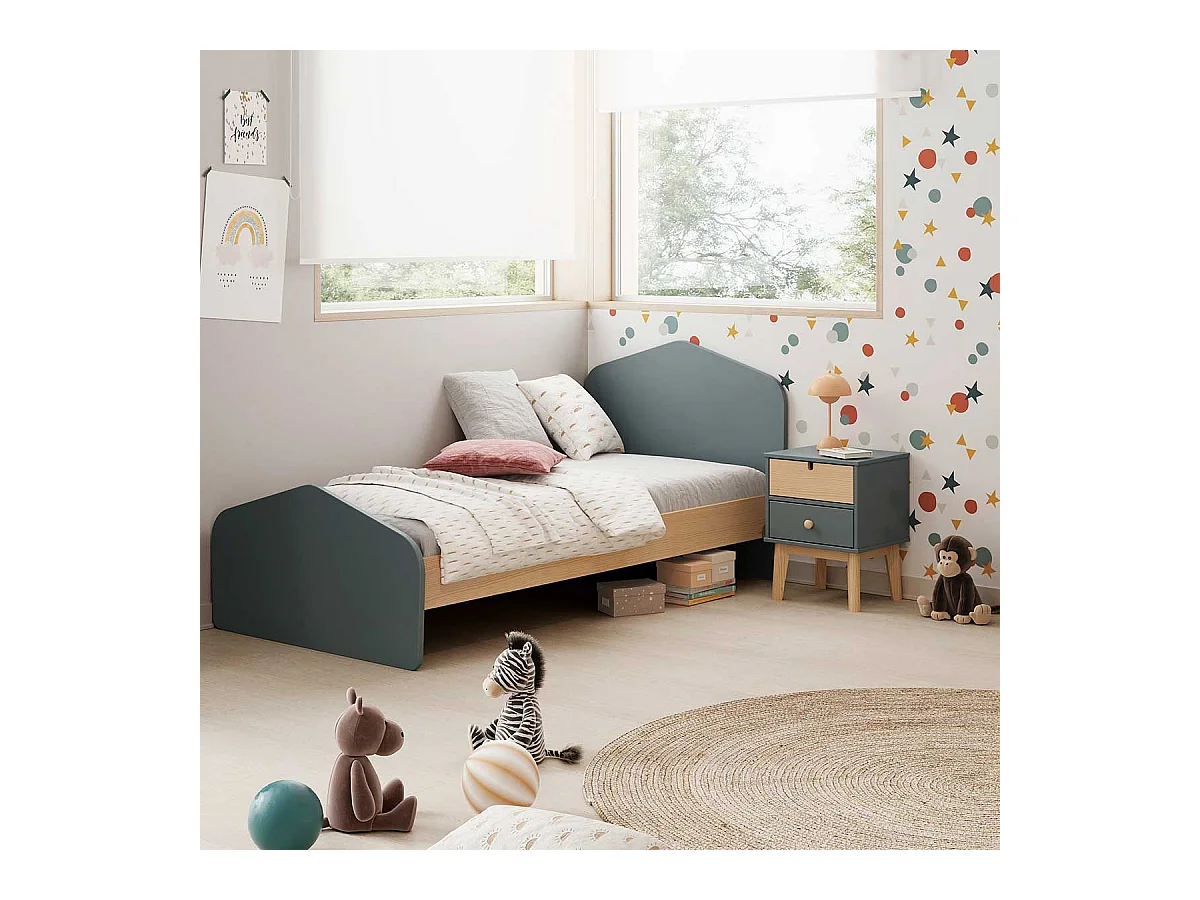 KAINA - Chevet 2 Tiroirs en MDF et Pin Coloris Gris Vert et Naturel