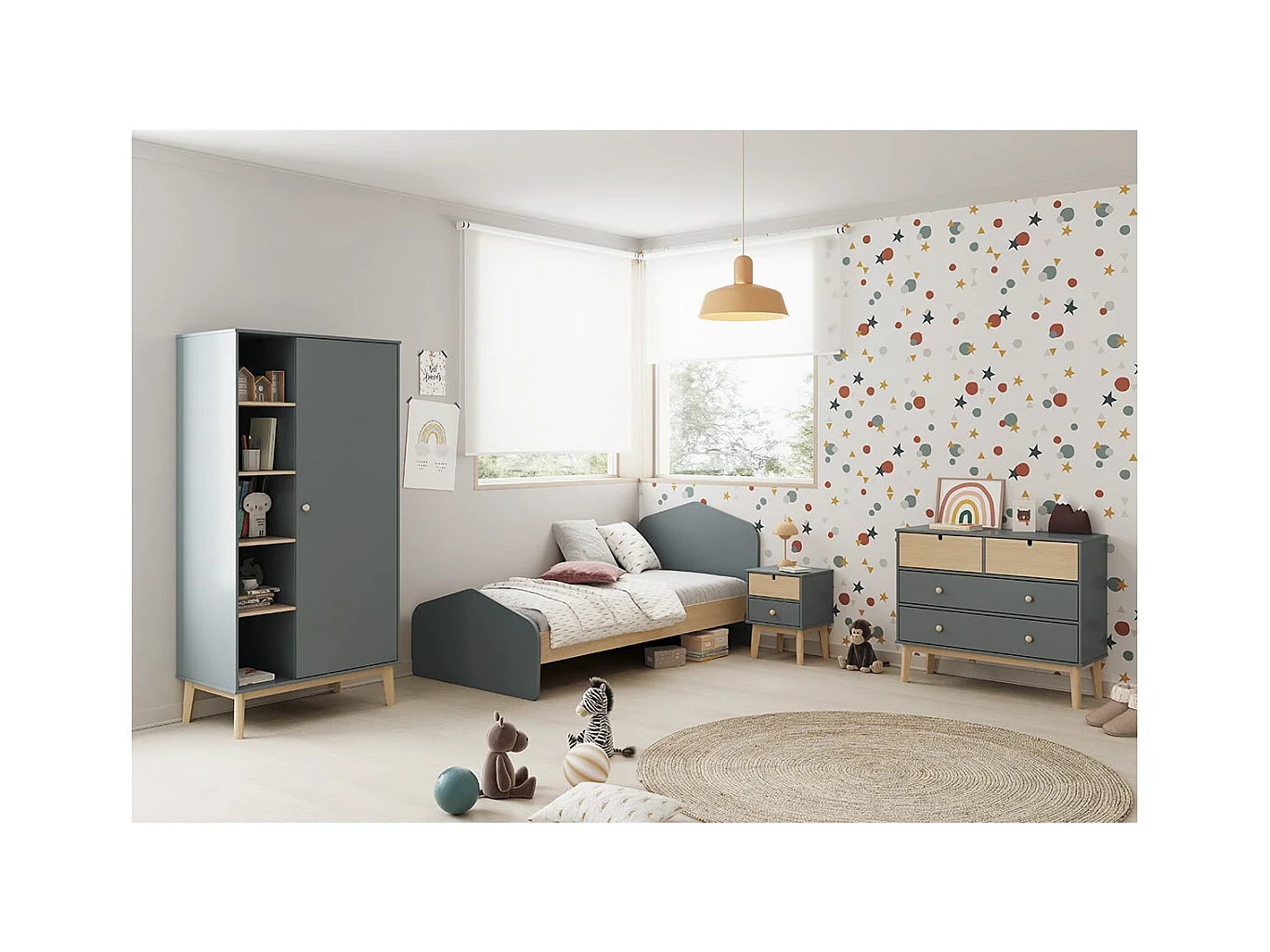 KAINA - Chevet 2 Tiroirs en MDF et Pin Coloris Gris Vert et Naturel