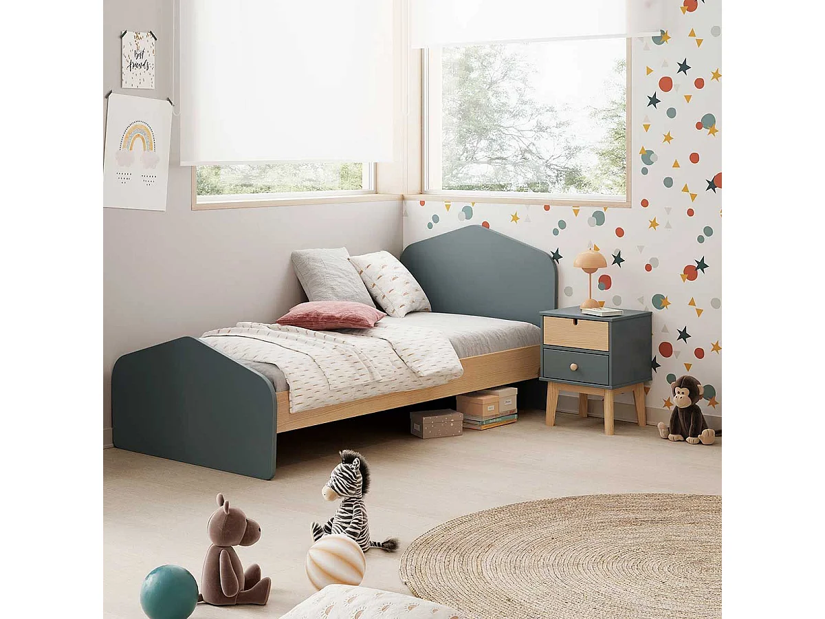 KAINA - Chevet 2 Tiroirs en MDF et Pin Coloris Gris Vert et Naturel