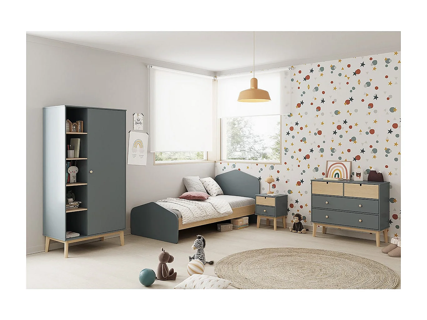 KAINA - Chevet 2 Tiroirs en MDF et Pin Coloris Gris Vert et Naturel