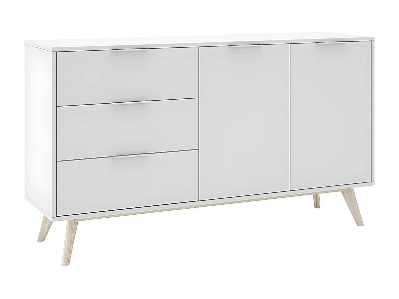 BLAJK - Buffet 140cm 2 Portes 3 Tiroirs Scandinave MDF et Pin Massif Naturel et Blanc