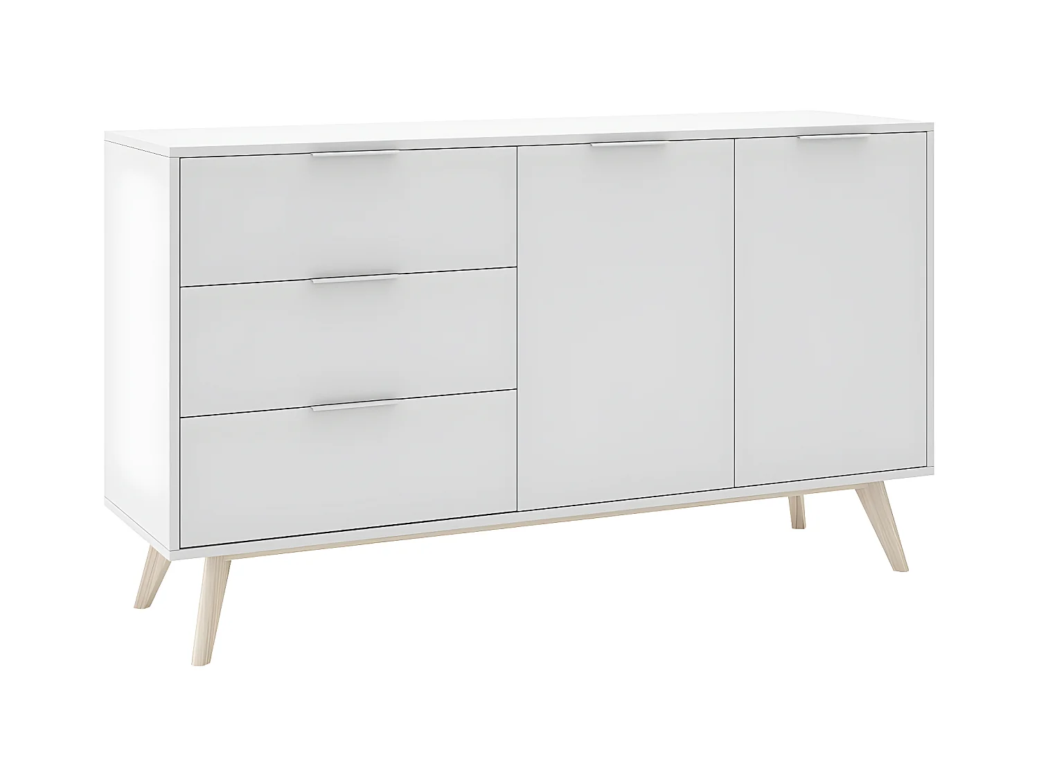 BLAJK - Buffet 140cm 2 Portes 3 Tiroirs Scandinave MDF et Pin Massif Naturel et Blanc
