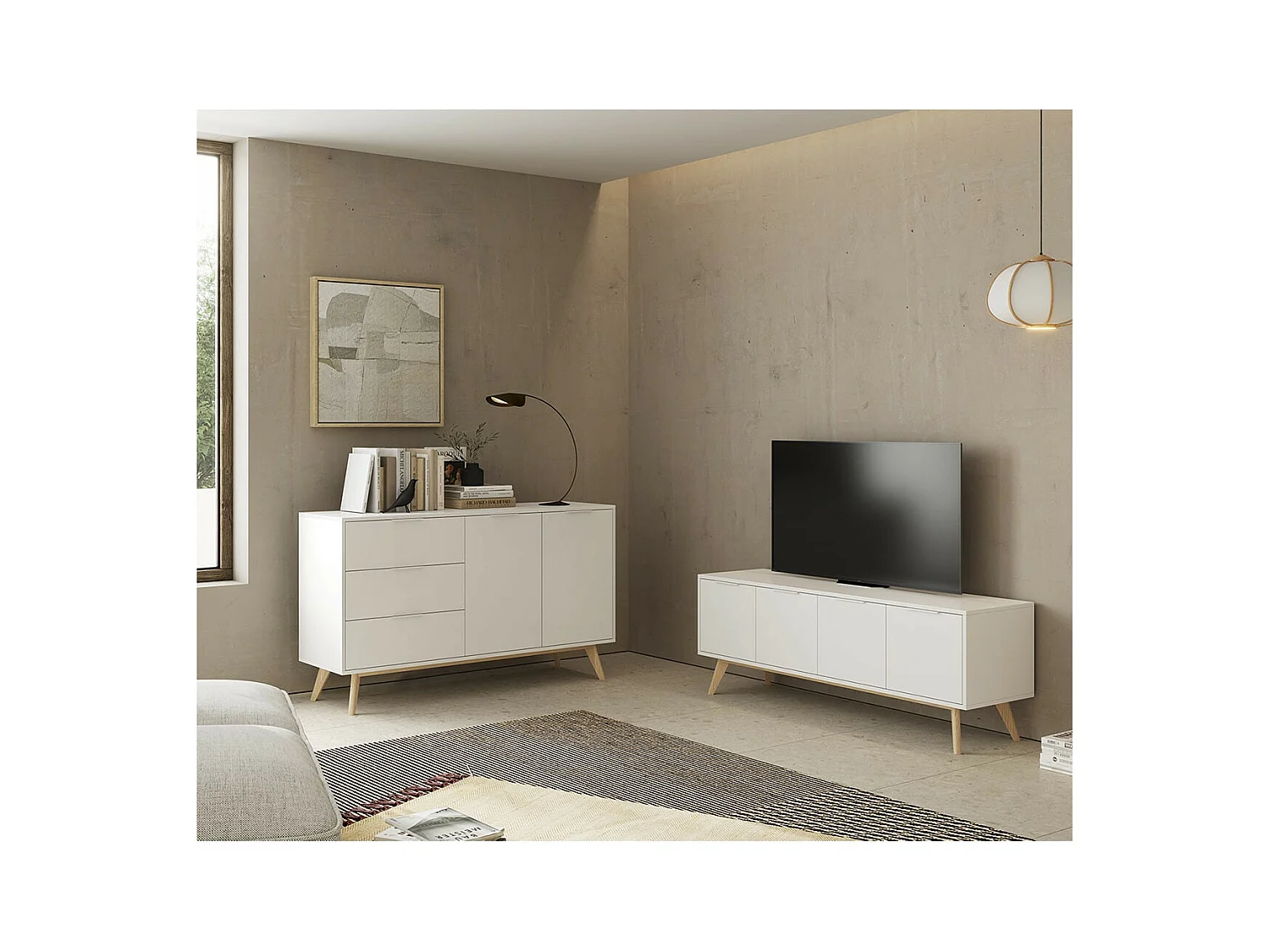 BLAJK - Buffet 140cm 2 Portes 3 Tiroirs Scandinave MDF et Pin Massif Naturel et Blanc