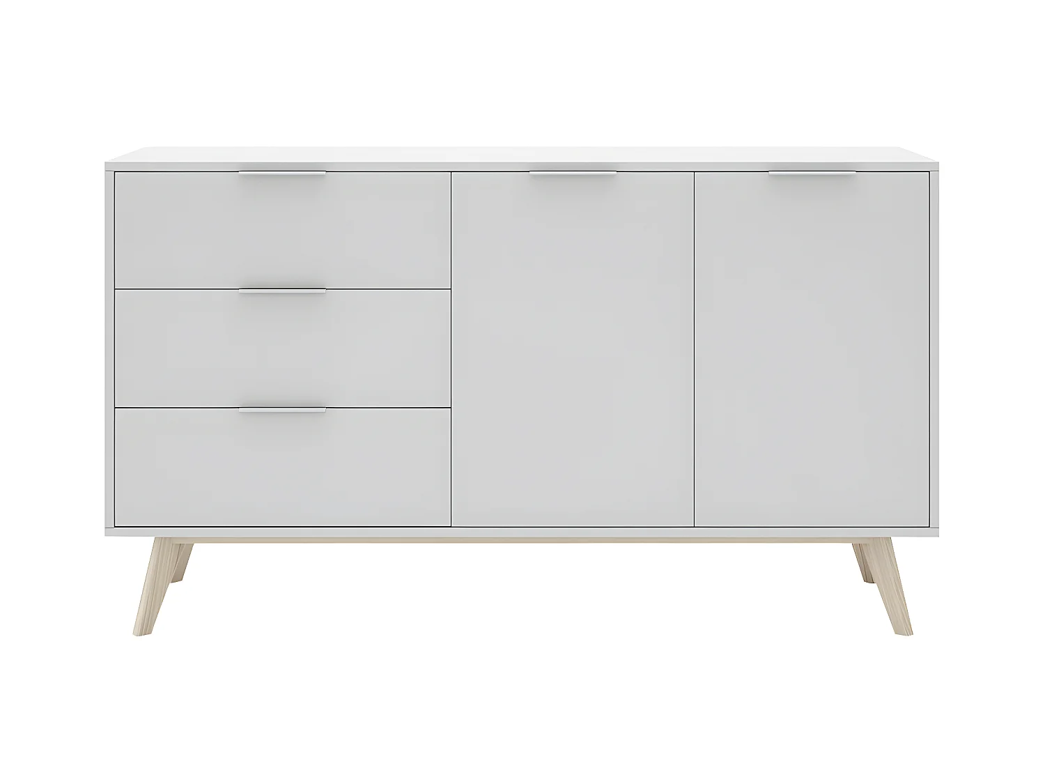 BLAJK - Buffet 140cm 2 Portes 3 Tiroirs Scandinave MDF et Pin Massif Naturel et Blanc
