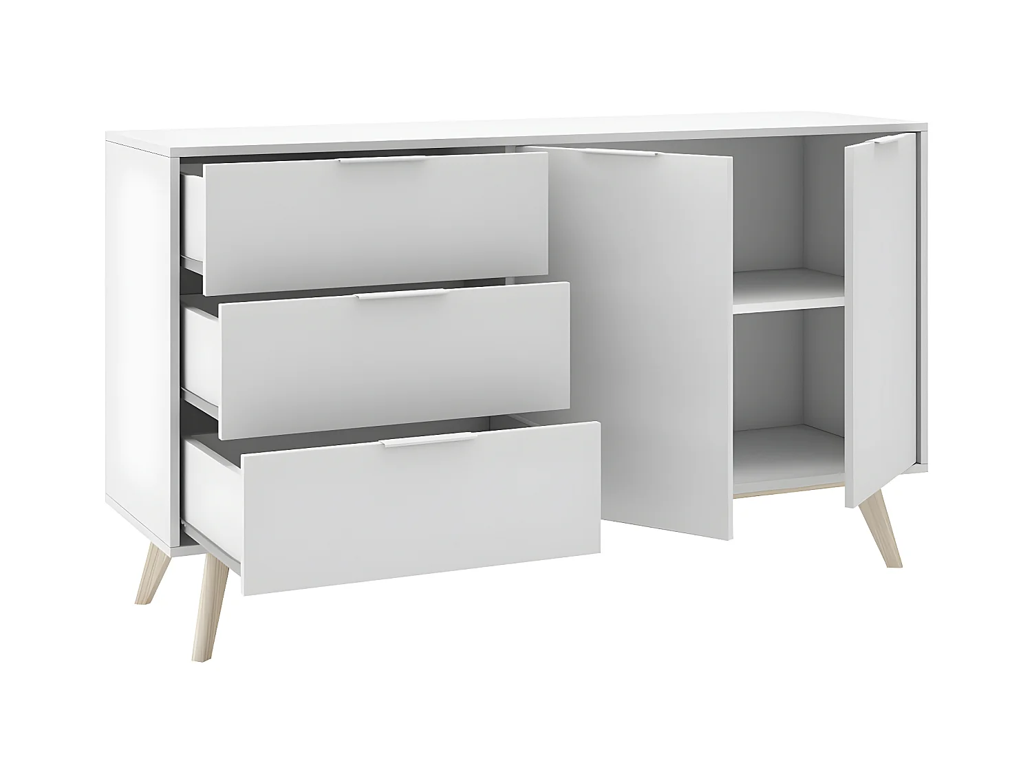 BLAJK - Buffet 140cm 2 Portes 3 Tiroirs Scandinave MDF et Pin Massif Naturel et Blanc