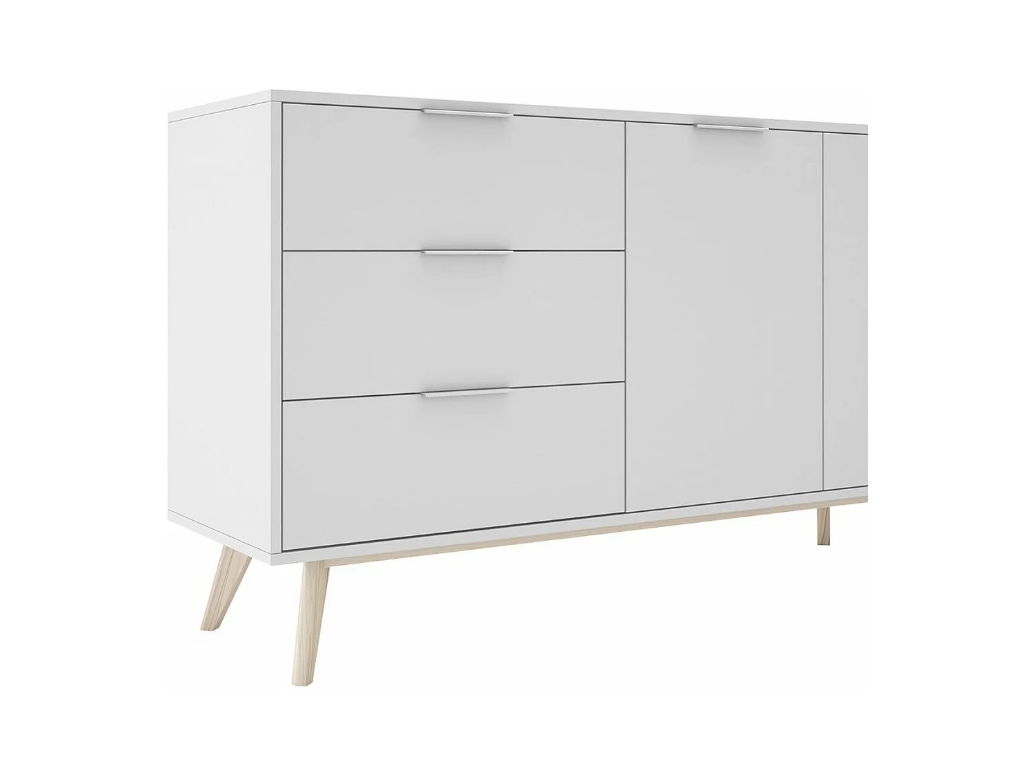BLAJK - Buffet 140cm 2 Portes 3 Tiroirs Scandinave MDF et Pin Massif Naturel et Blanc