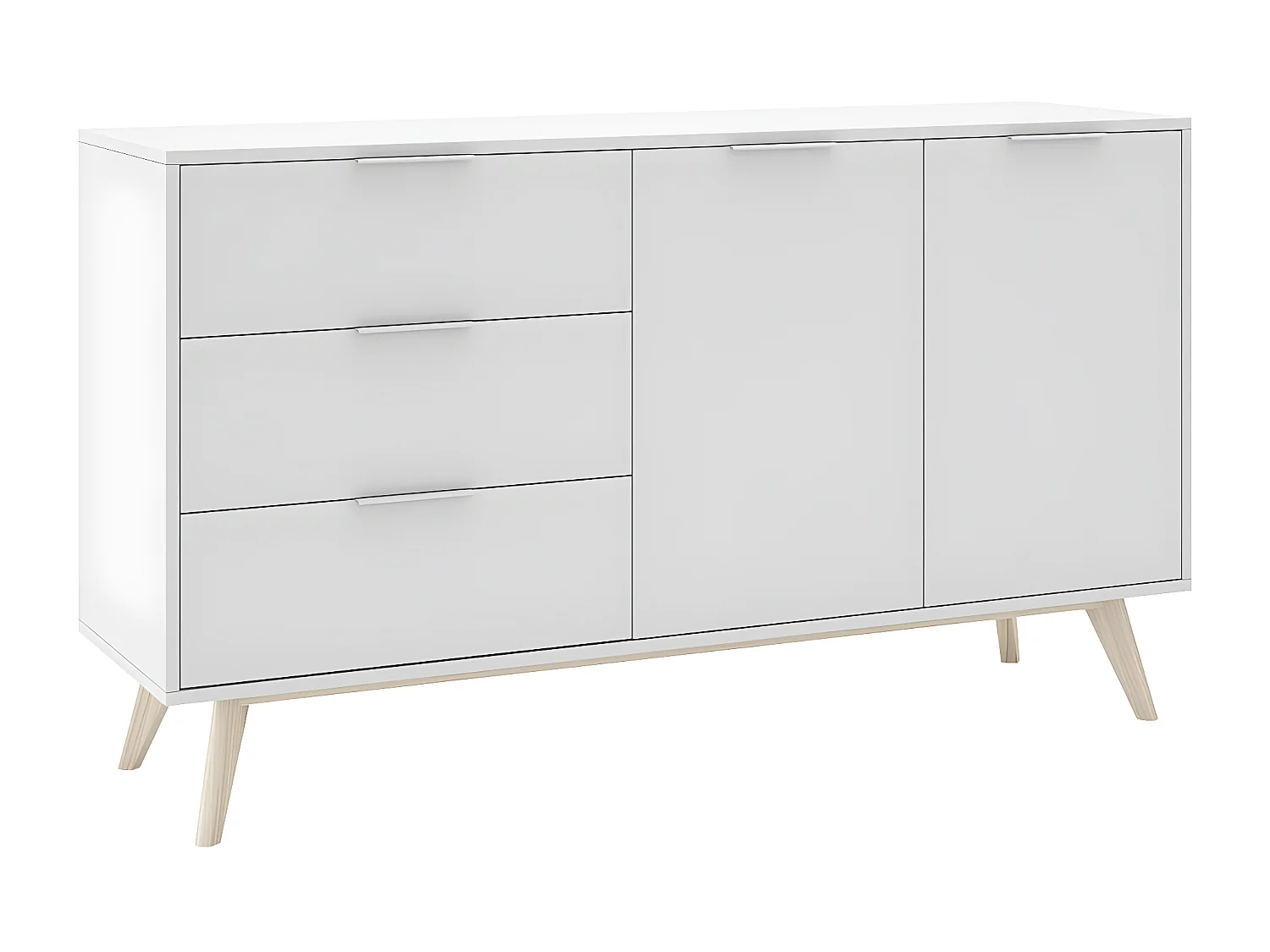 BLAJK - Buffet 140cm 2 Portes 3 Tiroirs Scandinave MDF et Pin Massif Naturel et Blanc