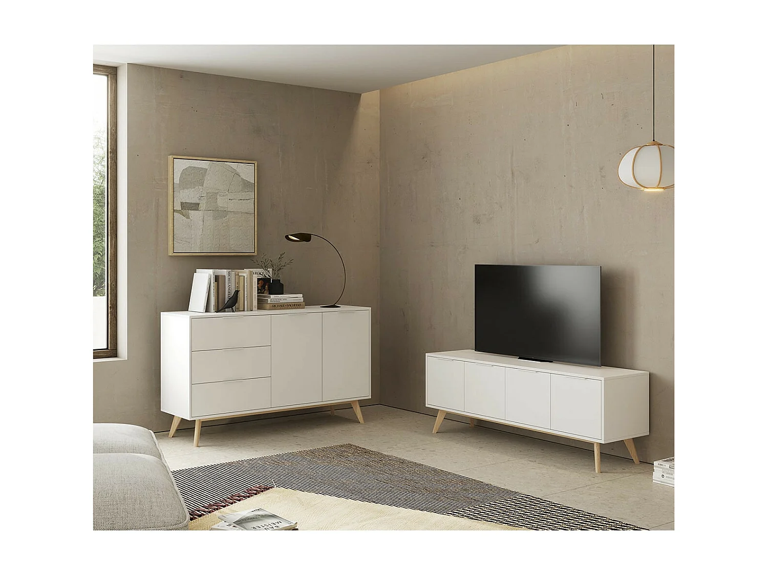 BLAJK - Buffet 140cm 2 Portes 3 Tiroirs Scandinave MDF et Pin Massif Naturel et Blanc