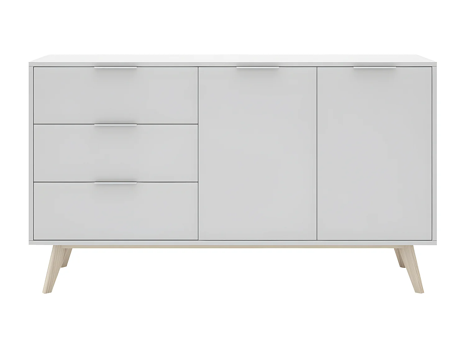 BLAJK - Buffet 140cm 2 Portes 3 Tiroirs Scandinave MDF et Pin Massif Naturel et Blanc