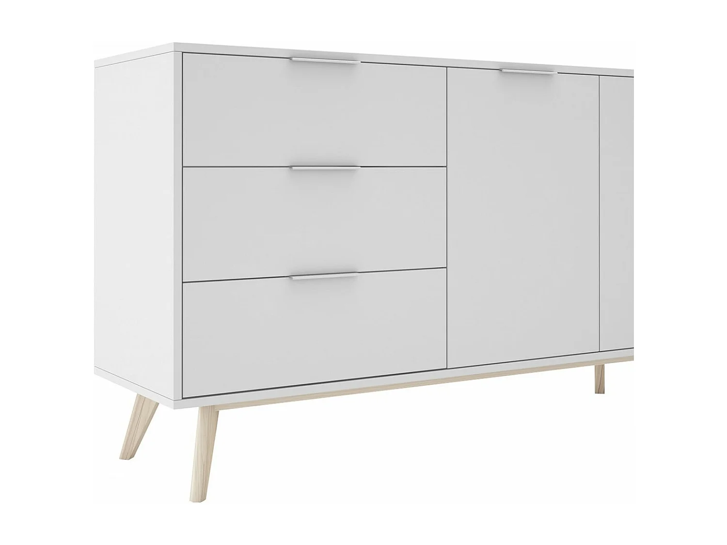 BLAJK - Buffet 140cm 2 Portes 3 Tiroirs Scandinave MDF et Pin Massif Naturel et Blanc