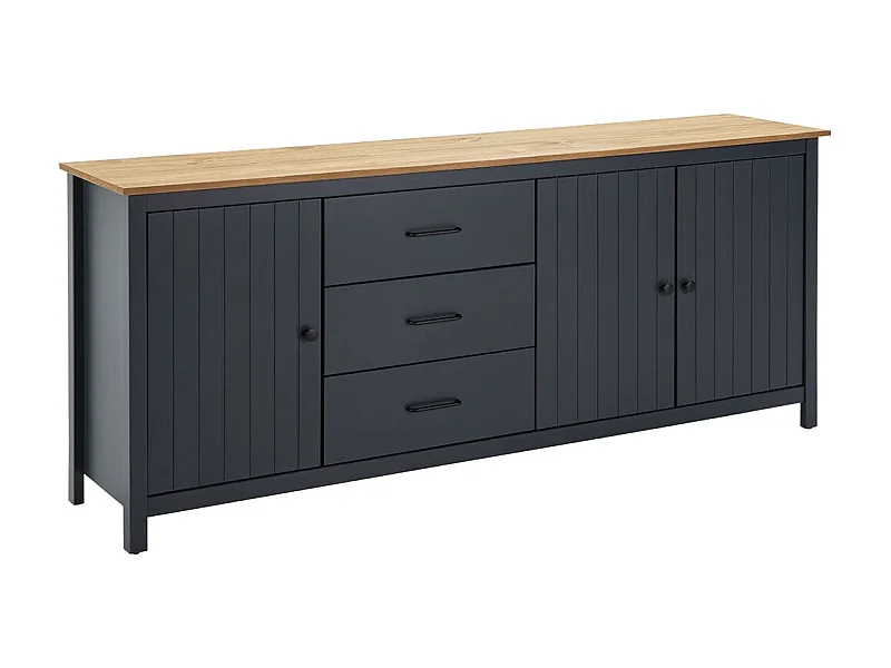 TINA - Buffet Bas 3 Portes 3 Tiroirs Bois Ciré et Bleu Pétrole