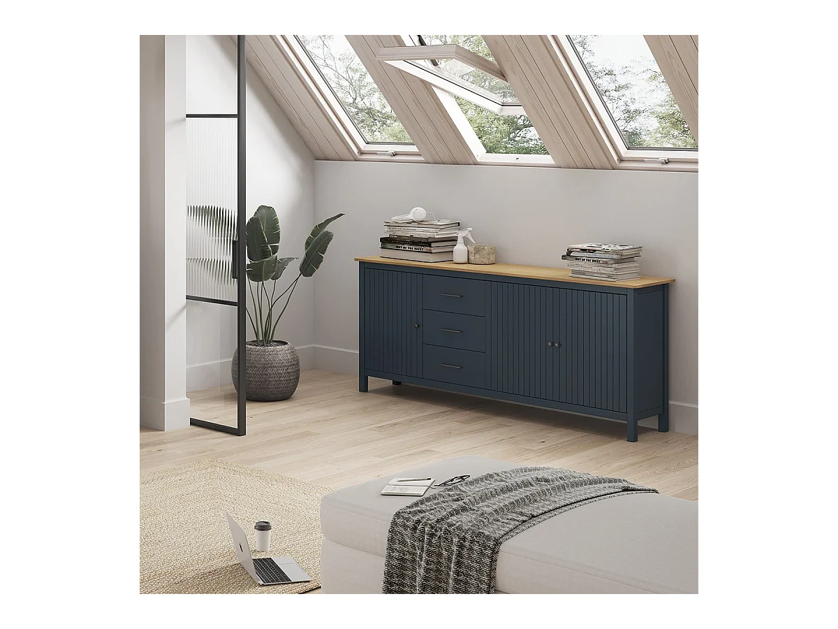 TINA - Buffet Bas 3 Portes 3 Tiroirs Bois Ciré et Bleu Pétrole