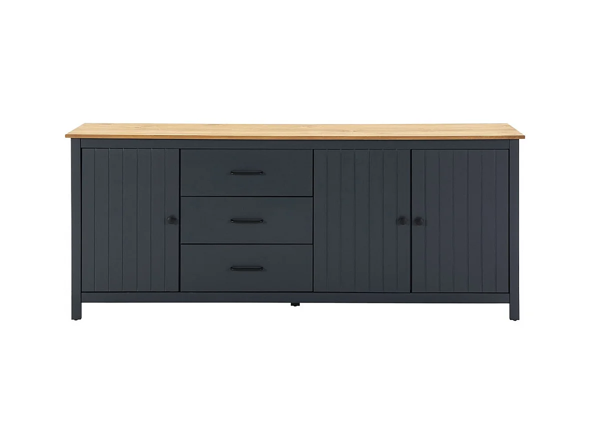 TINA - Buffet Bas 3 Portes 3 Tiroirs Bois Ciré et Bleu Pétrole