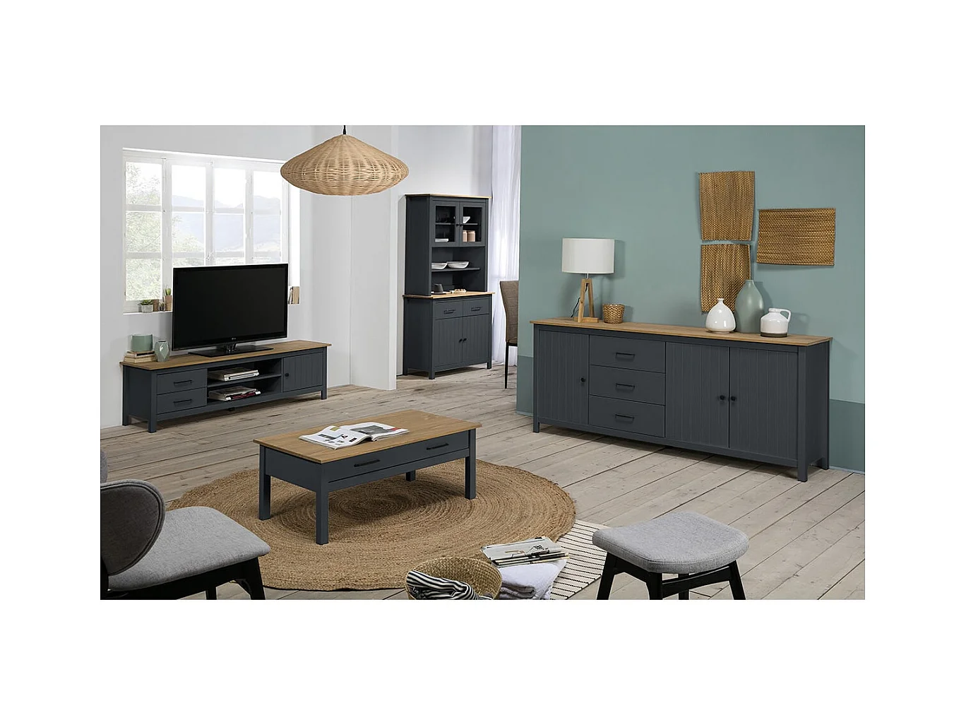 TINA - Buffet Bas 3 Portes 3 Tiroirs Bois Ciré et Bleu Pétrole