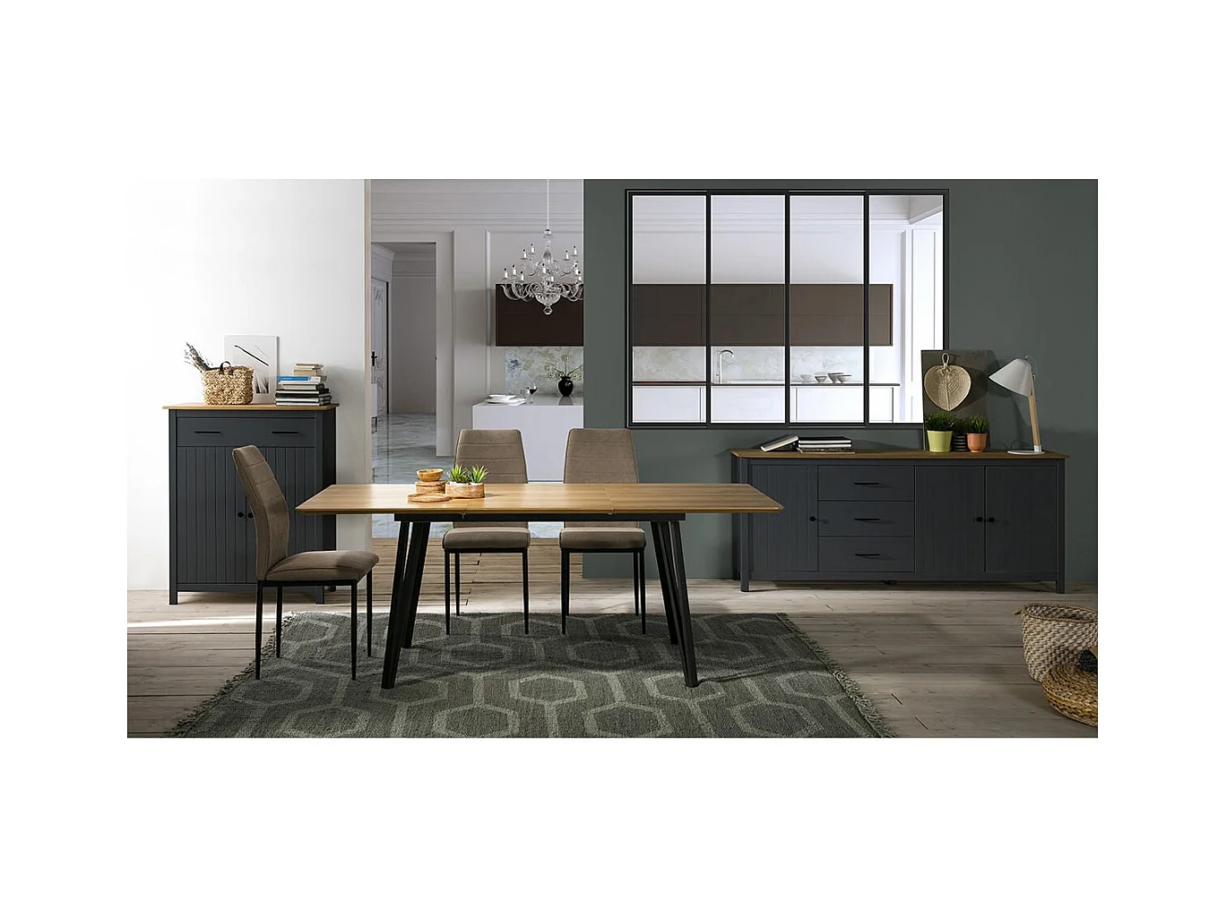 TINA - Buffet Bas 3 Portes 3 Tiroirs Bois Ciré et Bleu Pétrole