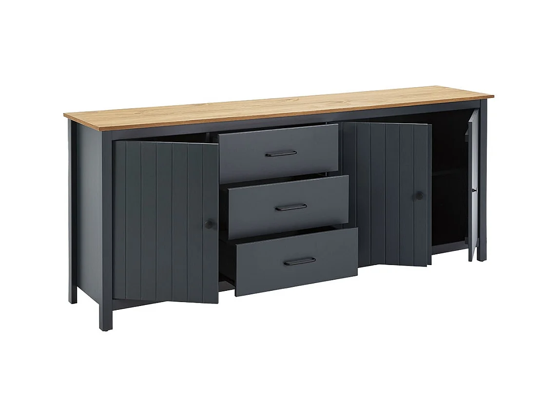 TINA - Buffet Bas 3 Portes 3 Tiroirs Bois Ciré et Bleu Pétrole