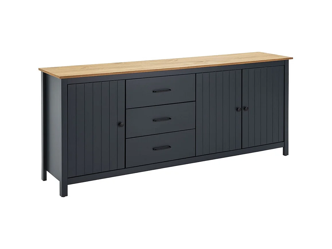 TINA - Buffet Bas 3 Portes 3 Tiroirs Bois Ciré et Bleu Pétrole