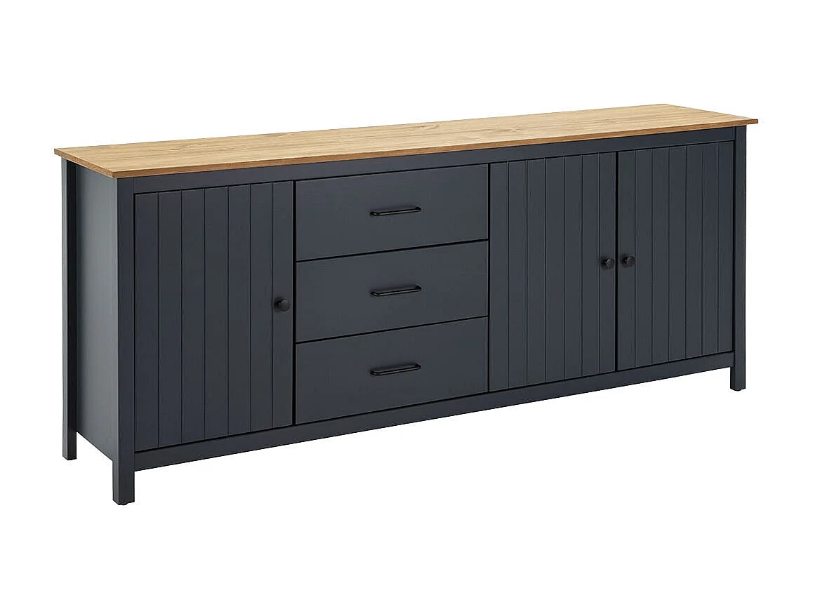 TINA - Buffet Bas 3 Portes 3 Tiroirs Bois Ciré et Bleu Pétrole