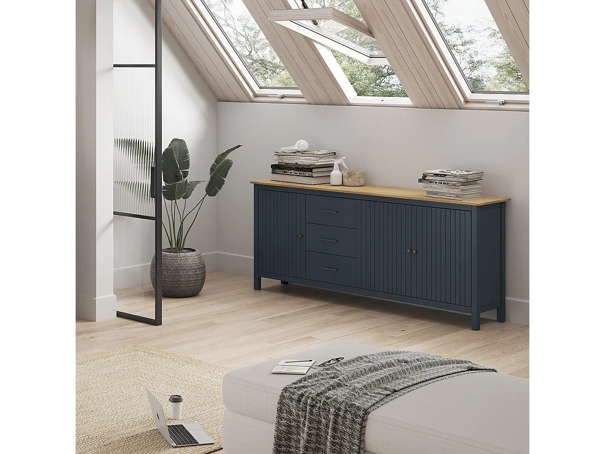 TINA - Buffet Bas 3 Portes 3 Tiroirs Bois Ciré et Bleu Pétrole