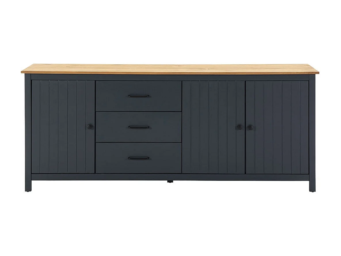 TINA - Buffet Bas 3 Portes 3 Tiroirs Bois Ciré et Bleu Pétrole