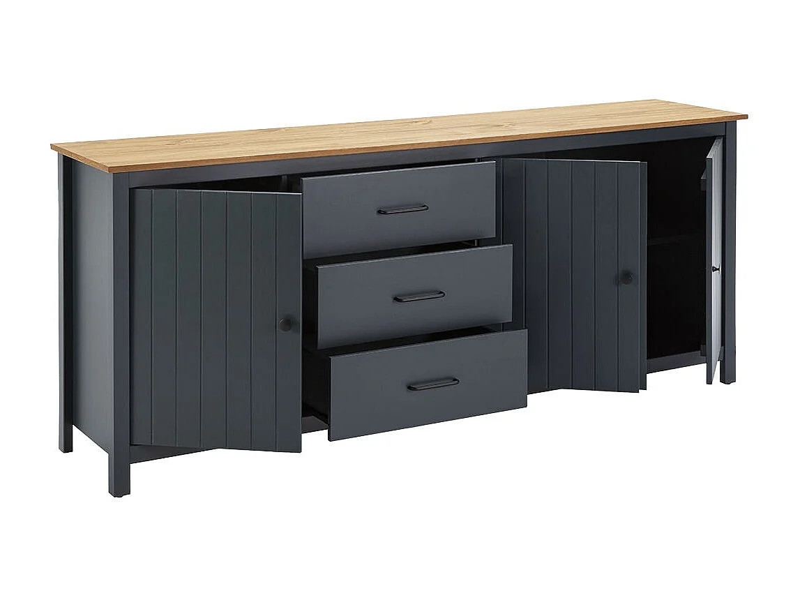 TINA - Buffet Bas 3 Portes 3 Tiroirs Bois Ciré et Bleu Pétrole